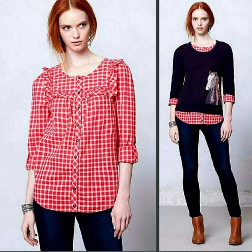 HOLDING HORSES Anthropologie Quadrado Red/Pink/Tan Gingham Button Front Top 4